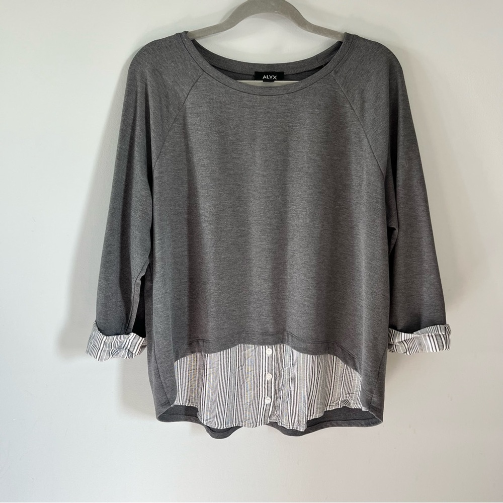 Alyx Grey Mixed Media Shirt with Attached Stripe Button Down Accents Large